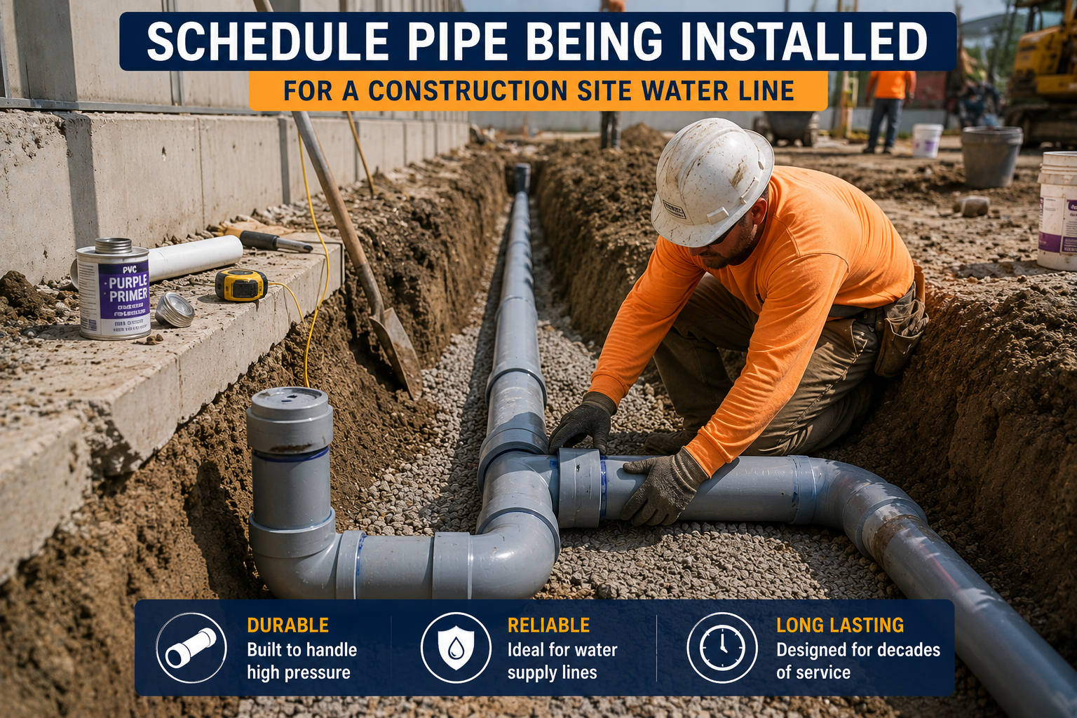Schedule pipe being installed in a construction site trench for a water supply line