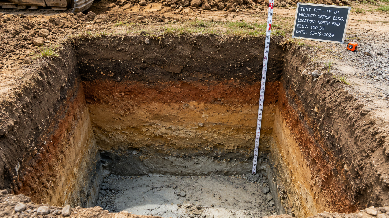 Test pit showing distinct soil layers and subsurface conditions with a measuring rod at a construction site
