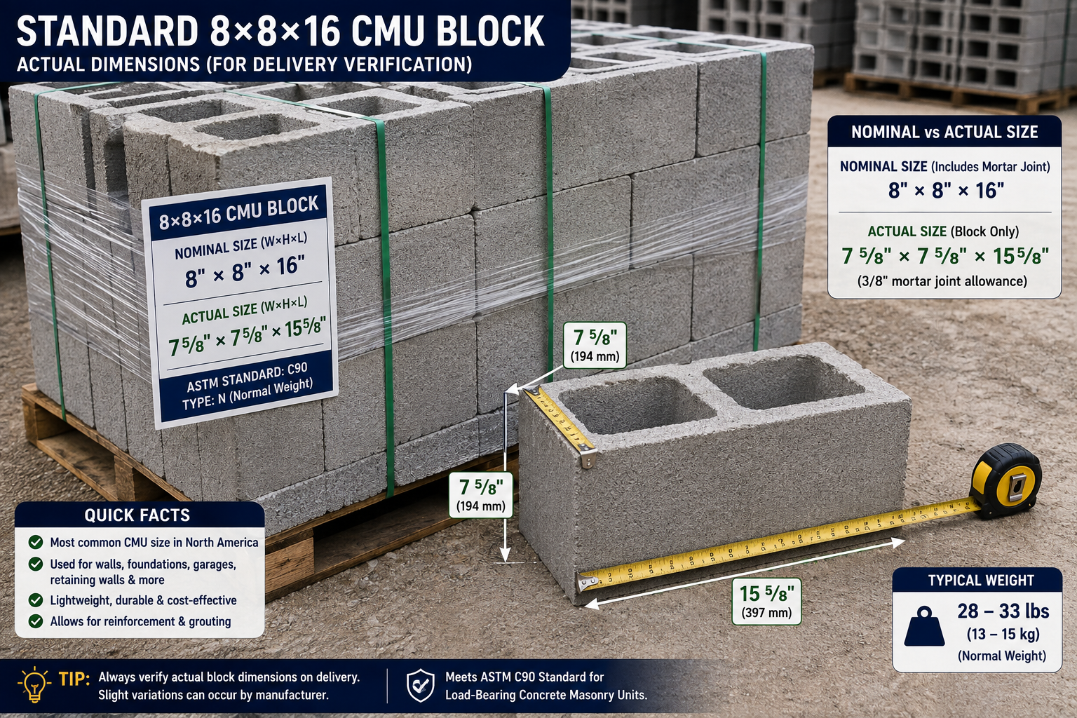 High-resolution photo of a stacked pallet of standard 8×8×16 CMU concrete blocks with a tape measure showing the actual block dimensions of 7⅝ × 7⅝ × 15⅝ inches, highlighting the difference between nominal and actual sizes for delivery verification, ASTM C90 compliance, and masonry construction planning.