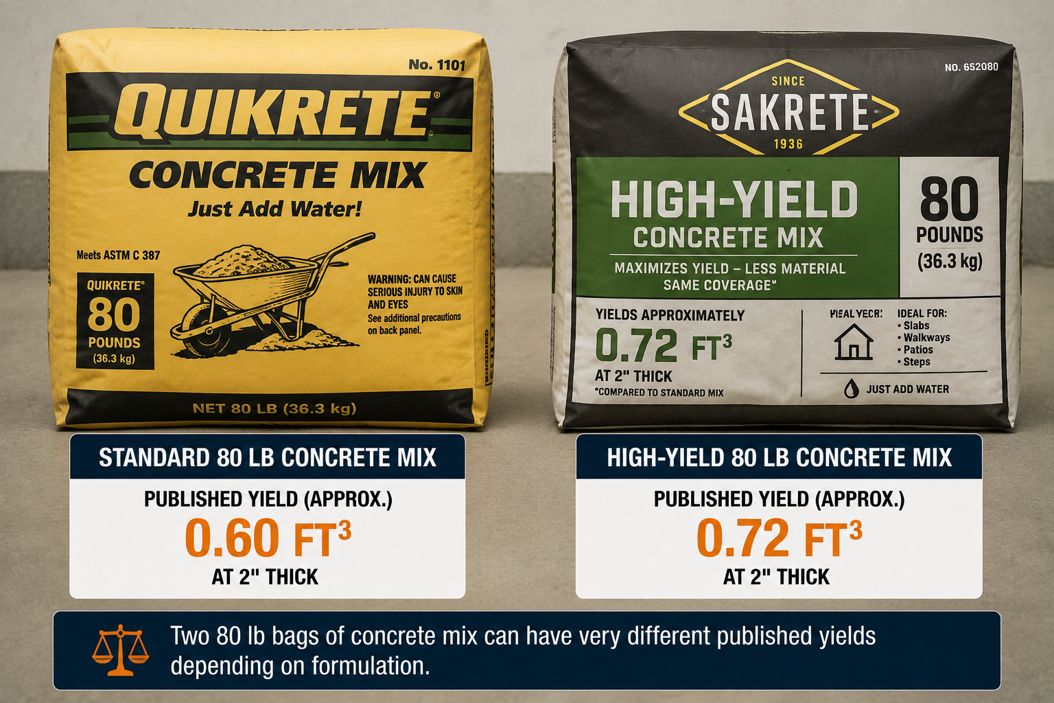 Standard and high-yield 80 lb concrete mix bags compared, showing approximate yields of 0.60 and 0.72 cubic feet.