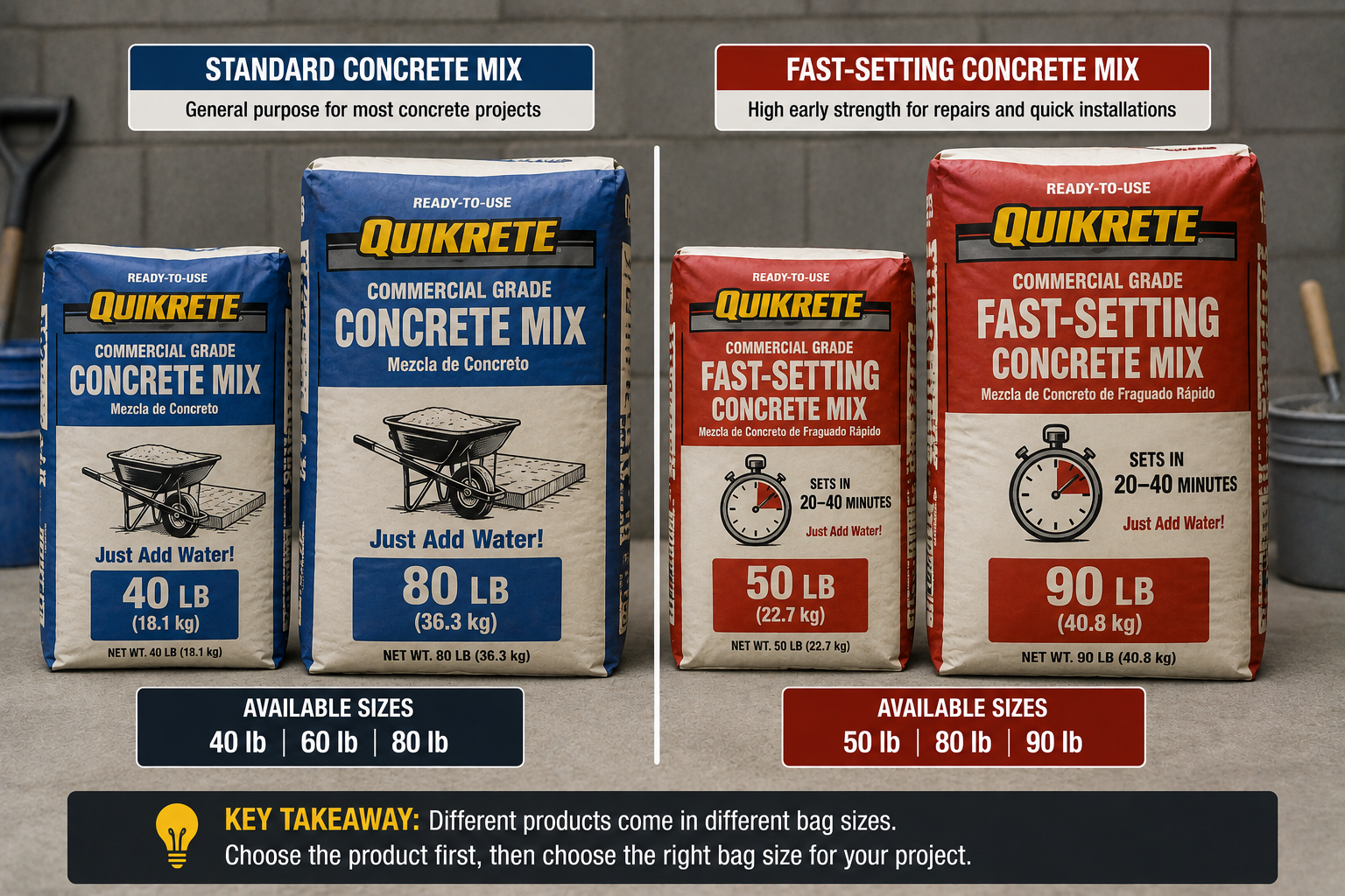 Standard and fast-setting concrete mix bag size comparison showing 40, 50, 60, 80, and 90 lb options