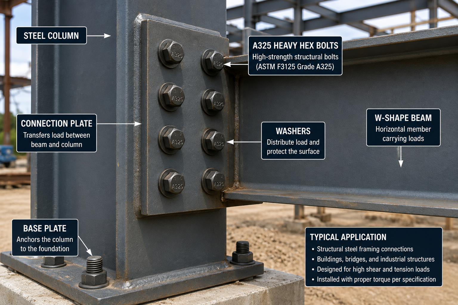 Labeled close-up of a structural steel beam-to-column connection showing a W-shape steel beam, steel column, connection plate, ASTM F3125 Grade A325 heavy hex bolts, washers, and base plate anchored to a concrete foundation. The image illustrates a typical bolted steel connection used in buildings, bridges, and industrial structures to transfer shear and tension loads.
