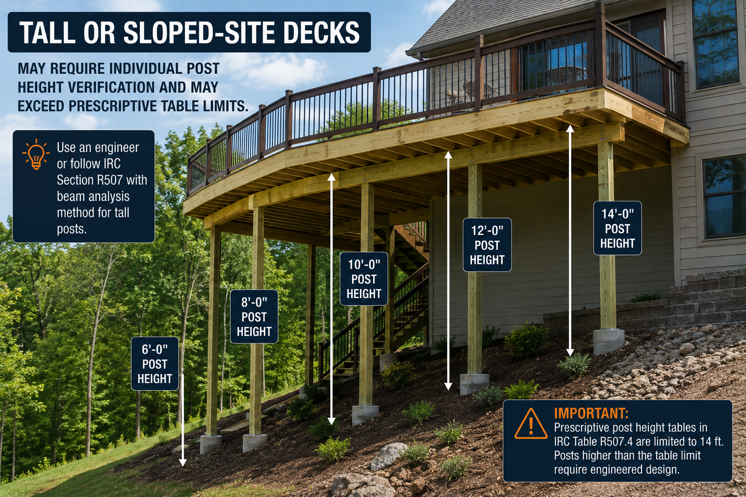 Tall deck on a sloped site showing deck post heights from 6 to 14 feet and varying support conditions.