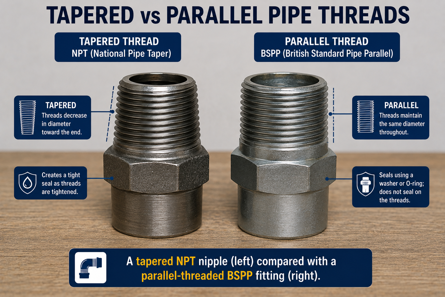 Tapered NPT vs parallel BSPP pipe threads comparison showing thread shape, sealing methods, and fitting differences