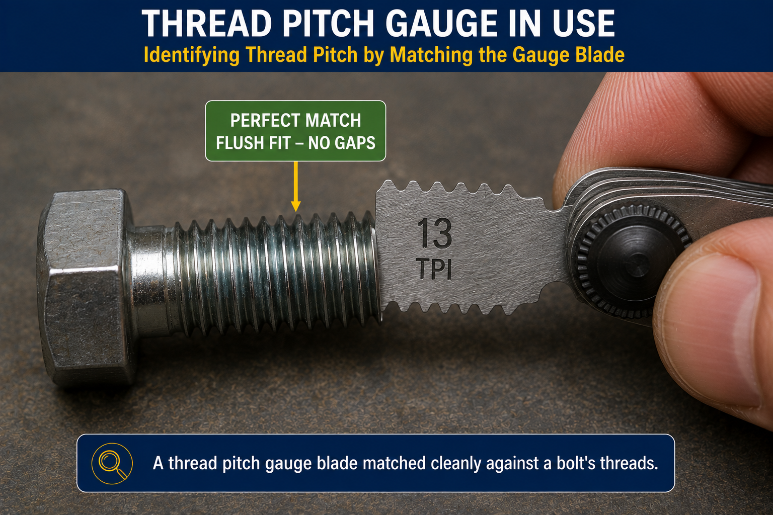 Thread pitch gauge showing a 13 TPI blade matching a bolt thread with a flush fit and no gaps, demonstrating how to identify thread pitch.