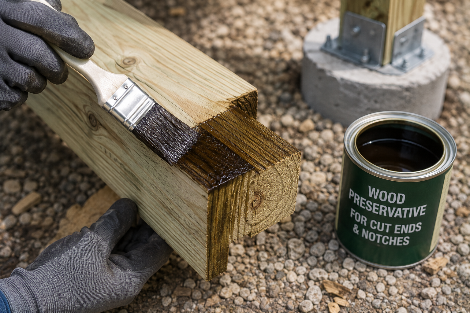 Applying wood preservative to a cut end and notch of a pressure-treated deck post before installation.