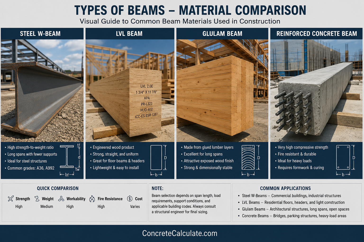 Infographic comparing four common beam materials used in construction: steel W-beam, LVL beam, glulam beam, and reinforced concrete beam. The chart highlights each beam's characteristics, advantages, cross-sectional shape, strength, fire resistance, cost, and common applications to help builders choose the right structural beam.