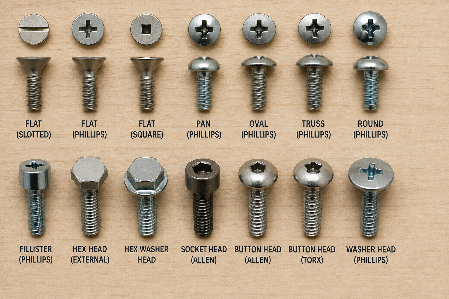 Labeled chart showing different screw head types, including flat, pan, oval, truss, round, hex, socket, button, and washer heads