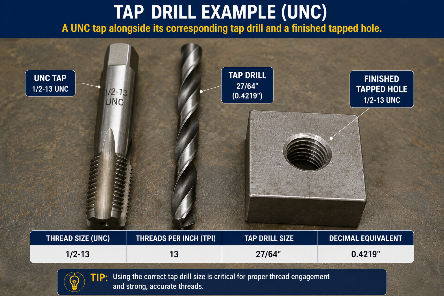 UNC tap drill example showing a 1/2-13 UNC tap, corresponding 27/64-inch tap drill, finished tapped hole, 13 TPI, and 0.4219-inch decimal drill size.