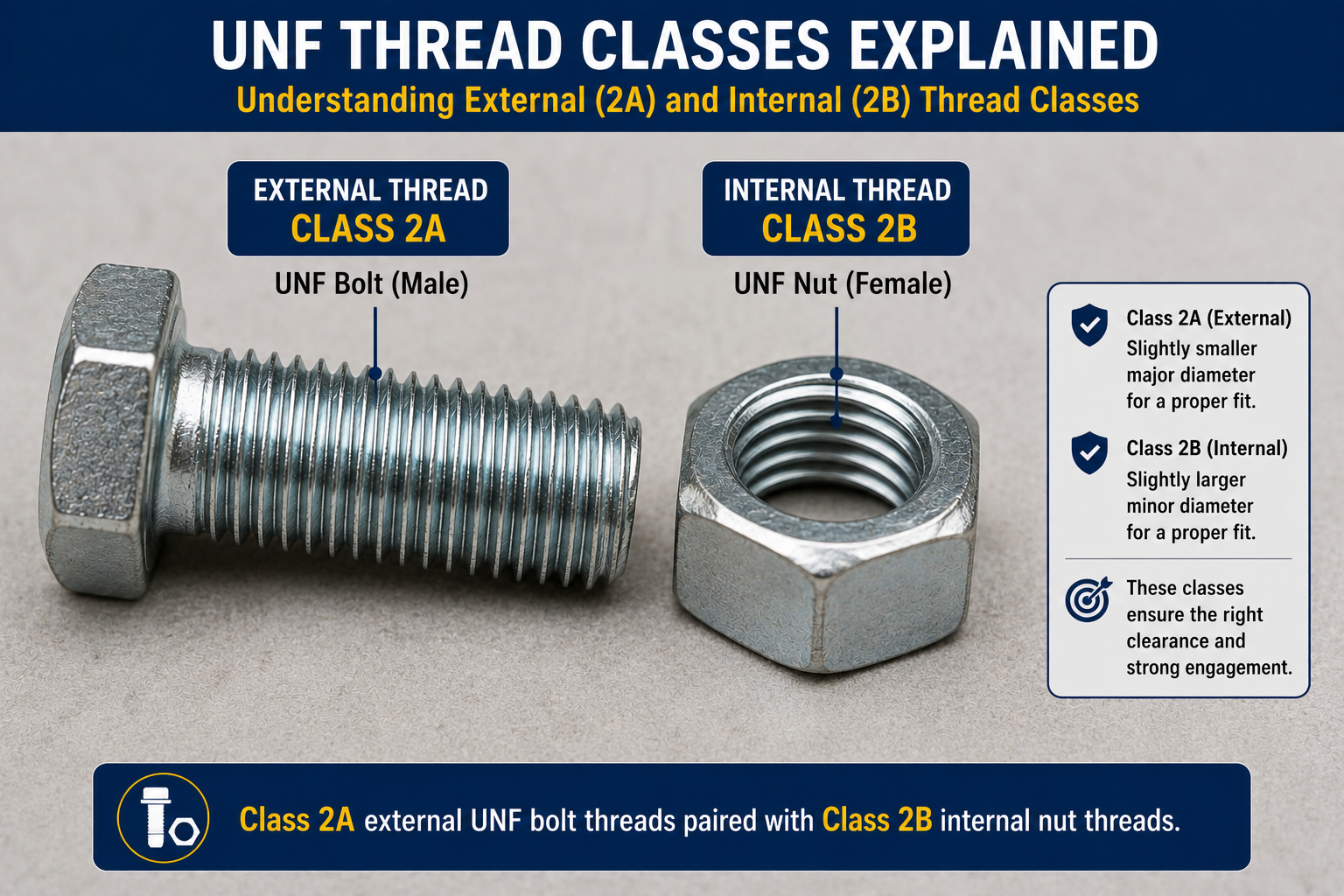 Diagram comparing Class 2A external UNF bolt threads with Class 2B internal UNF nut threads, showing how thread classes provide proper clearance, fit, and thread engagement.
        loading=