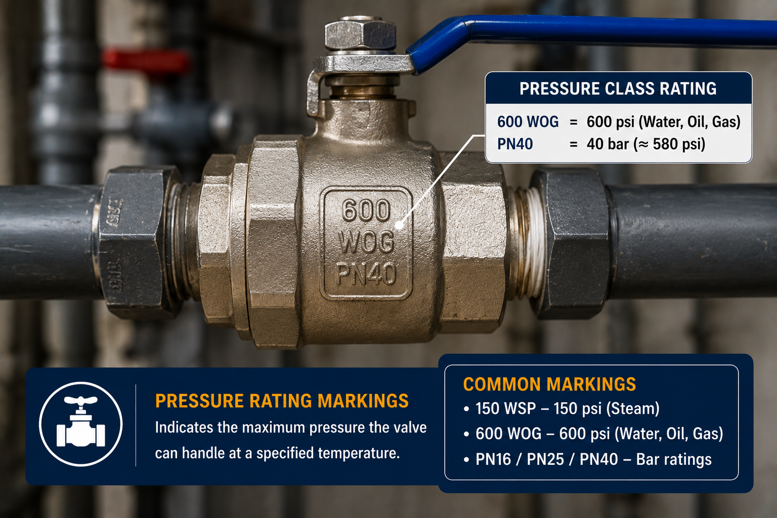 Valve pressure class rating markings showing 600 WOG, PN40, and common pressure ratings