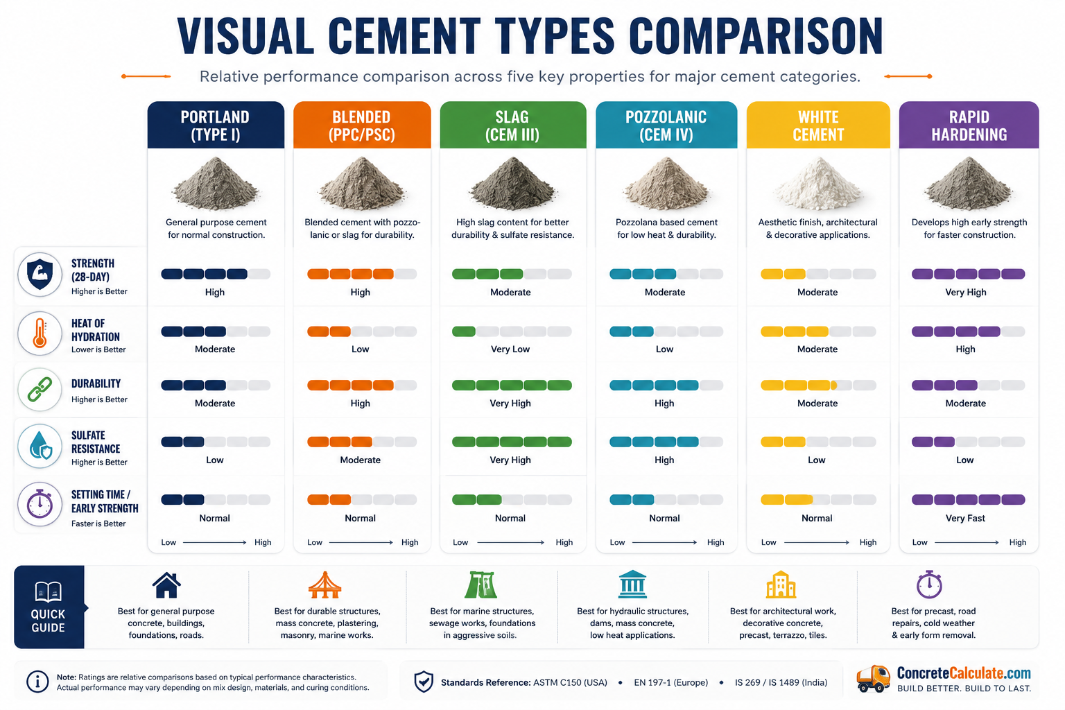 Visual comparison chart of Portland, blended, slag, pozzolanic, white, and rapid hardening cement types, comparing 28-day strength, heat of hydration, durability, sulfate resistance, setting time, and recommended construction applications.