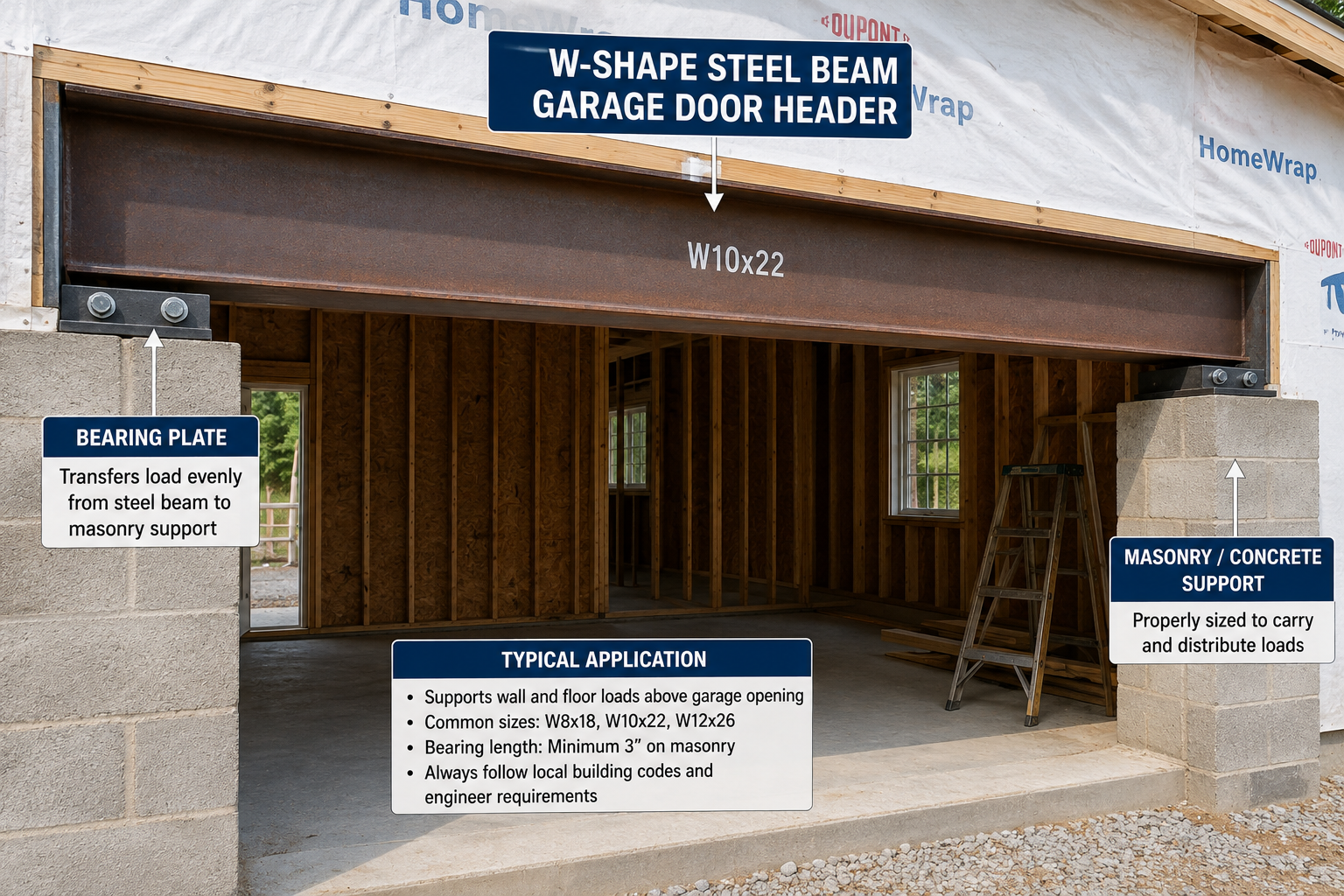 Labeled construction photo showing a W-shape steel beam (W10×22) used as a garage door header, supported by bearing plates on concrete masonry columns. The image illustrates how the steel beam transfers wall and floor loads above a wide garage opening and highlights key structural components and typical residential applications.