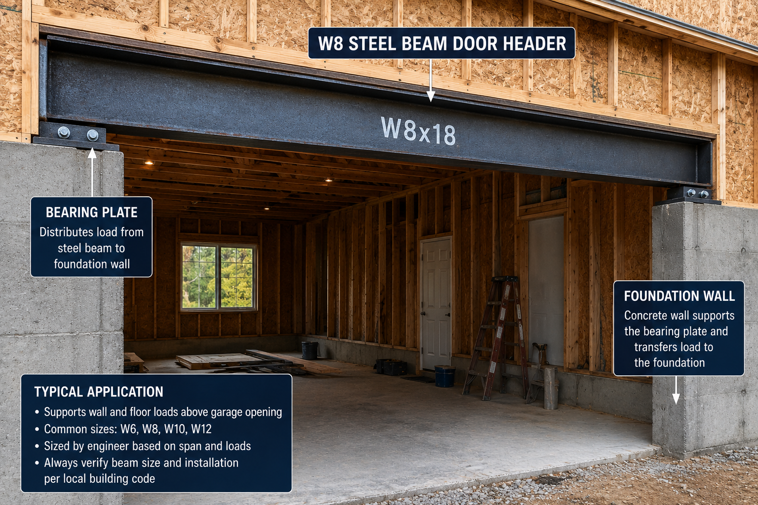 Labeled construction photo showing a W8×18 steel beam used as a door header over a large garage opening. The image highlights the steel beam, bearing plates, and concrete foundation walls that transfer wall and floor loads to the foundation, illustrating a typical structural steel header installation in residential construction.