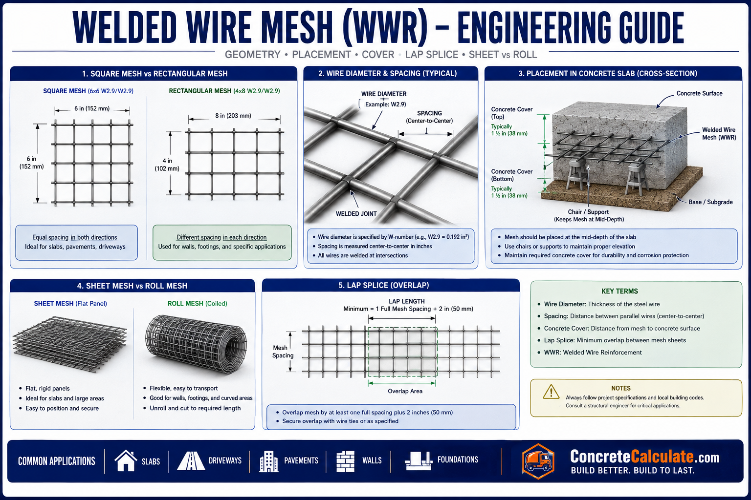 Welded wire mesh (WWR) engineering guide showing square vs rectangular mesh, wire diameter and spacing, concrete slab placement with cover, sheet vs roll mesh, lap splice overlap requirements, and common reinforcement applications for slabs, driveways, pavements, walls, and foundations.