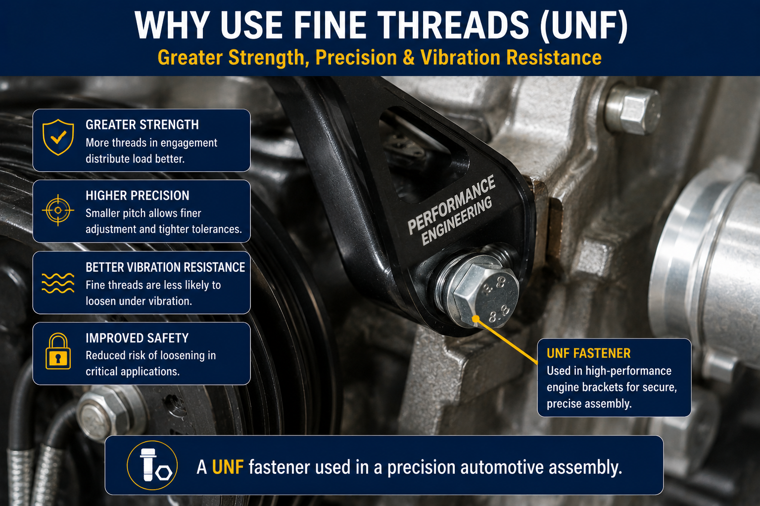 UNF fine-thread fastener used in a precision automotive assembly, illustrating greater strength, higher precision, improved vibration resistance, and reduced risk of loosening.