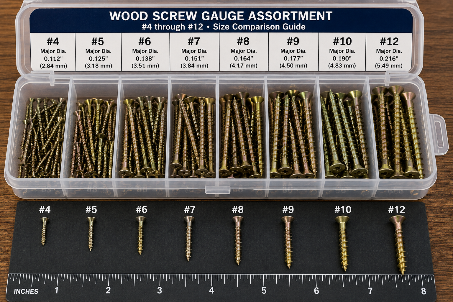 Organized assortment of wood screws in gauges #4 through #12 with labeled major diameters in inches and millimeters, shown in a storage case alongside individual screw samples and an inch ruler for visual size comparison and screw gauge identification.
