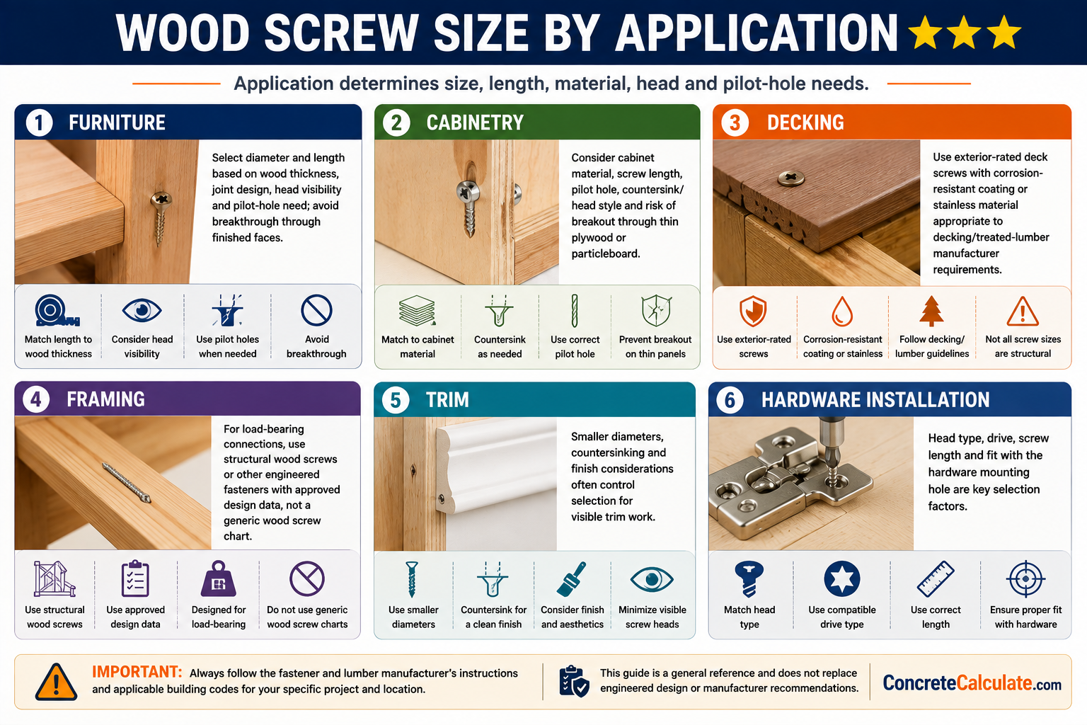 Wood screw size and selection guide for furniture, cabinetry, decking, framing, trim, and hardware installation, covering length, diameter, material, head type, pilot holes, and fastening requirements.