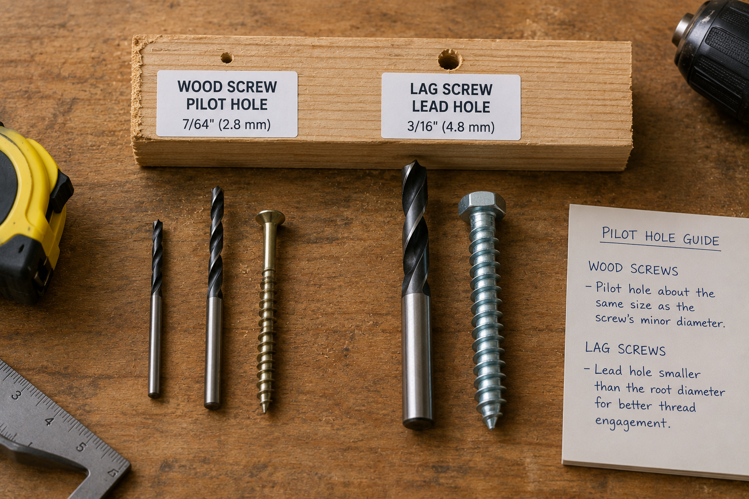 Pilot hole sizes for wood screws and lag screws shown with drill bits and fasteners