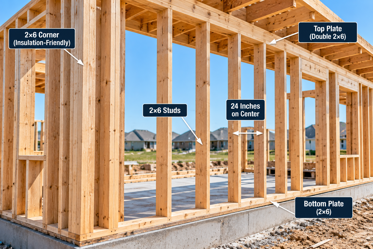 Residential wood wall framing with 2x6 studs spaced 24 inches on center, double top plate, bottom plate and insulation-friendly corner.
