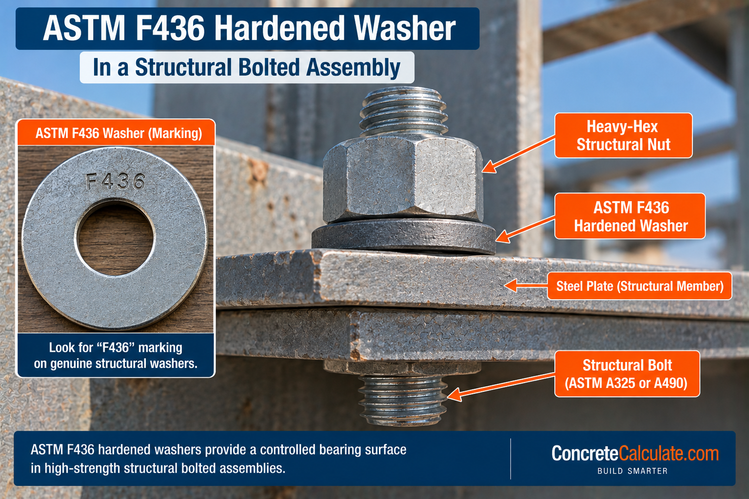 ASTM F436 hardened washer installed beneath a heavy-hex structural nut in a high-strength steel bolted connection, showing the washer, structural bolt, nut, and steel plate.