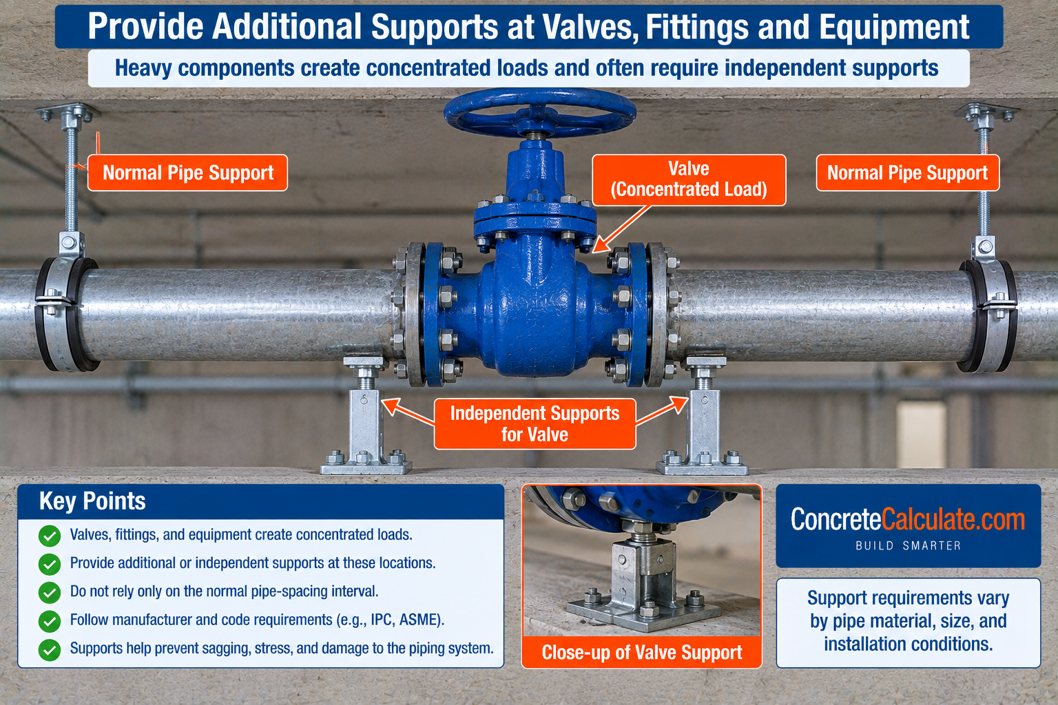 Galvanized horizontal pipe with a heavy valve showing normal pipe hangers and independent supports beneath the valve to carry concentrated loads.