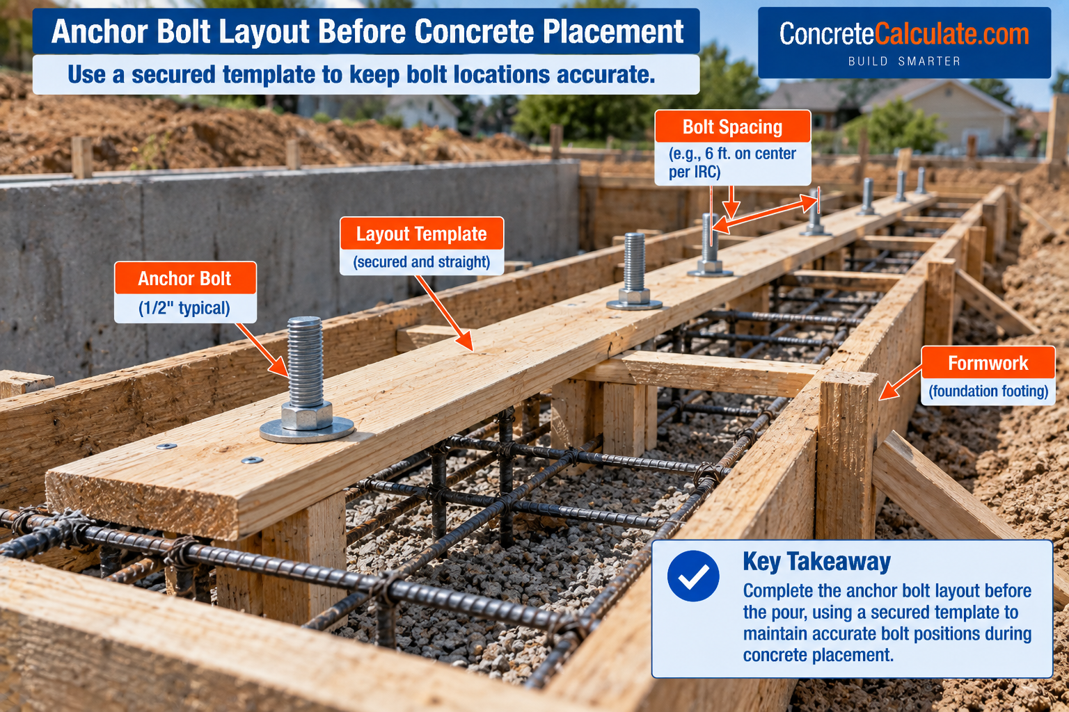 Anchor bolts positioned along a secured wooden layout template above reinforced concrete footing formwork, illustrating bolt alignment and typical 6-foot maximum spacing before concrete placement.