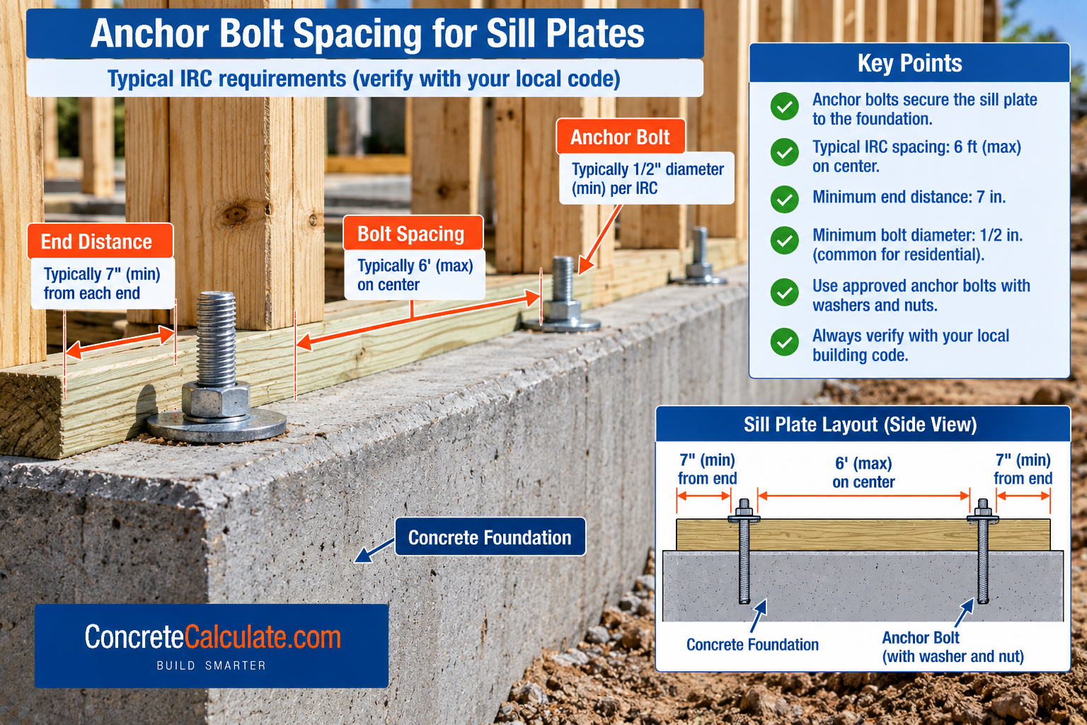 Diagram showing anchor bolt spacing for wood sill plates on a concrete foundation, including typical IRC requirements of 6 feet maximum on center, 7 inches minimum from plate ends, and ½-inch minimum bolt diameter.