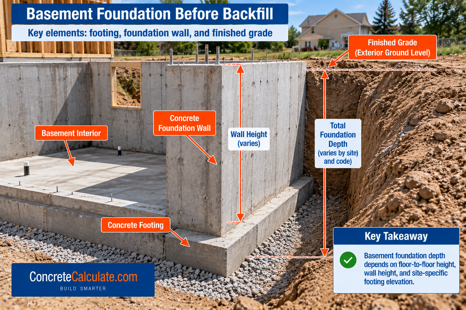 Residential basement foundation before backfilling, showing concrete foundation walls, footings, basement floor, finished grade, wall height and total foundation depth measured from exterior ground level.
