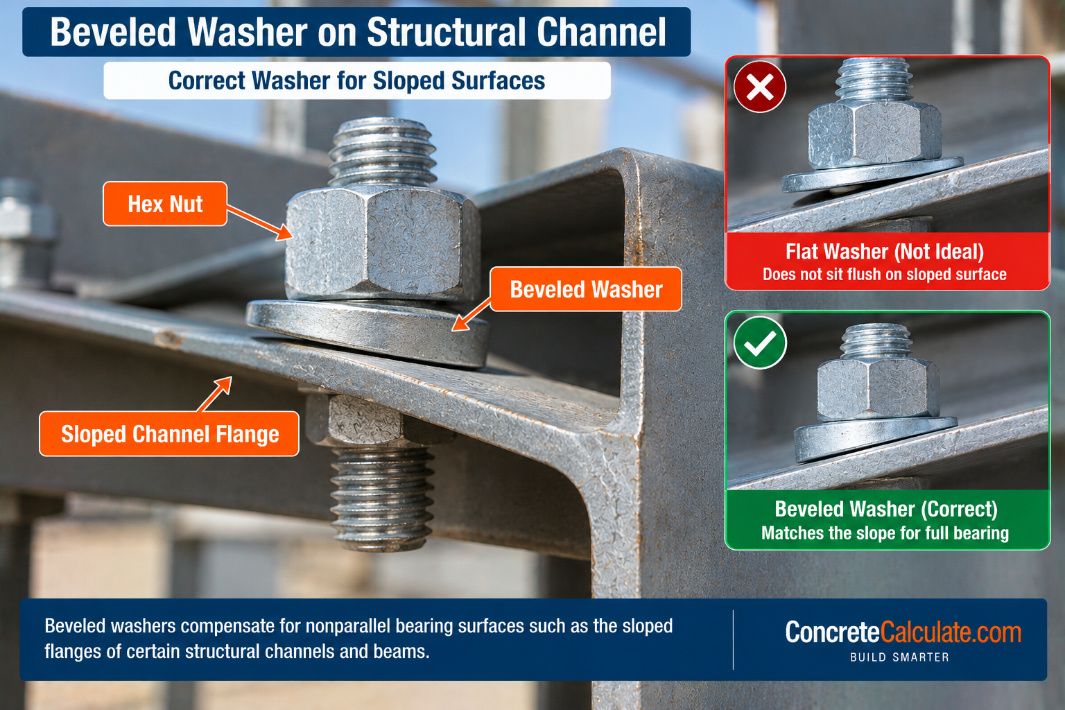 Beveled washer installed beneath a hex nut on a sloped structural steel channel flange, comparing proper full-bearing contact with an unsuitable flat washer.