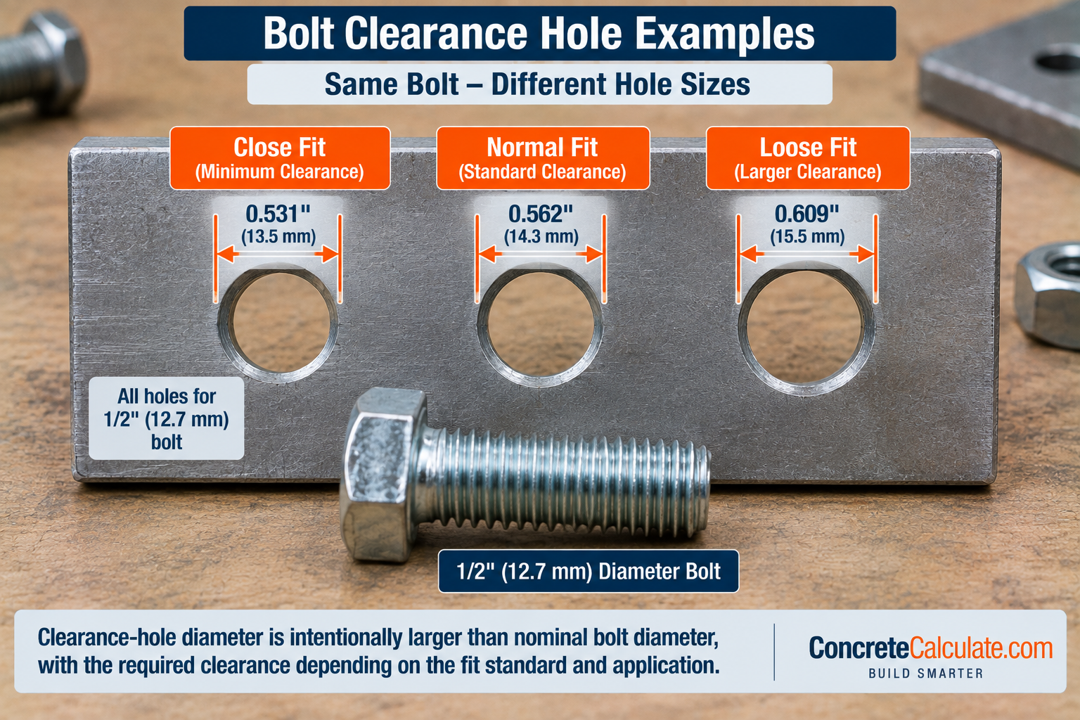 Bolt clearance hole comparison for a 1/2-inch bolt showing close-fit, normal-fit, and loose-fit hole diameters with inch and millimeter dimensions.
