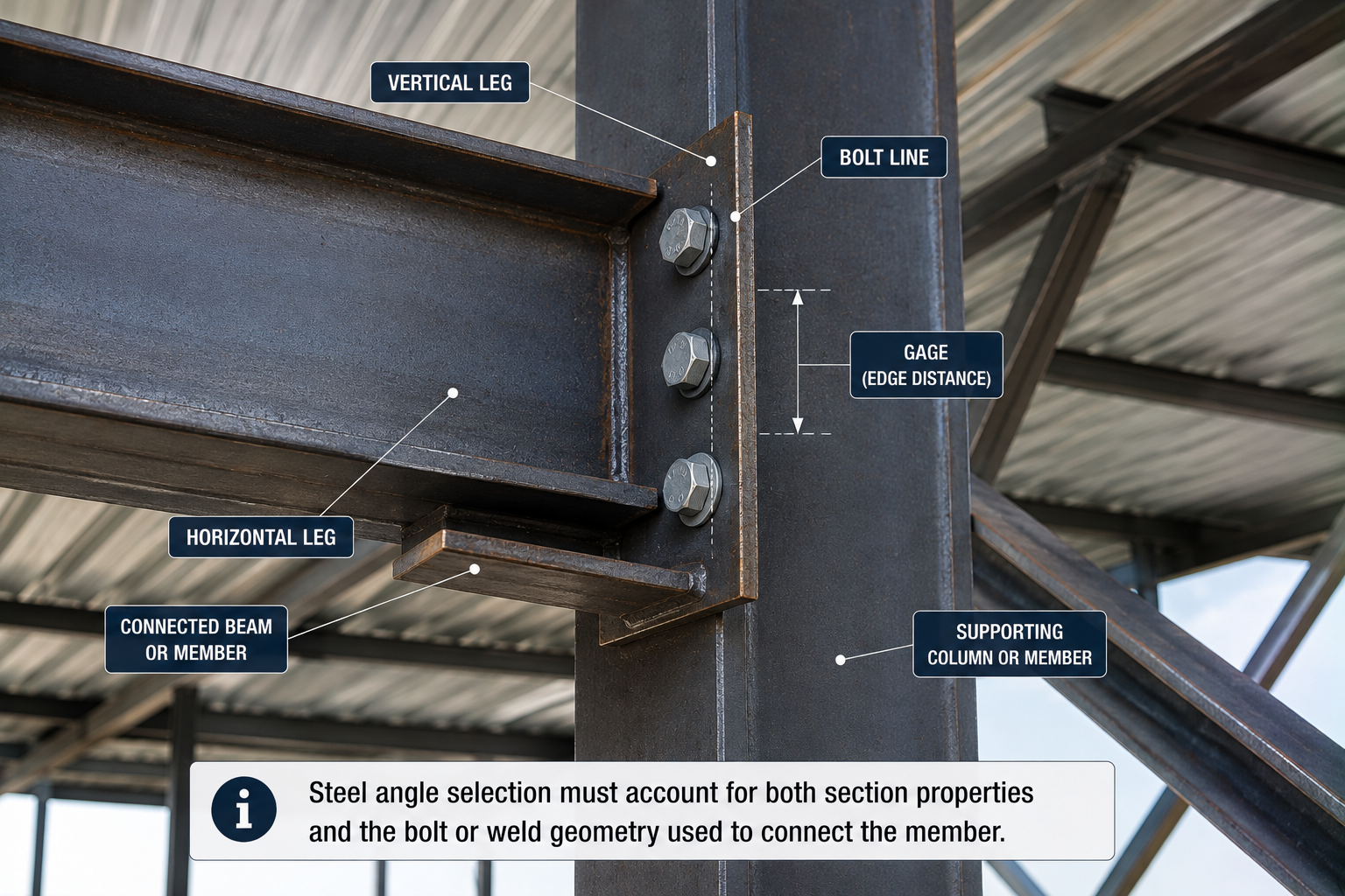 Bolted steel angle connection between a beam and supporting column showing vertical leg, horizontal leg, bolt line, and edge distance