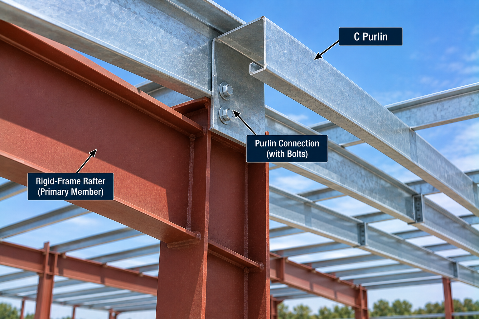 Galvanized steel C purlin attached with a bolted connection to a rigid-frame steel rafter in a metal building roof framing system.