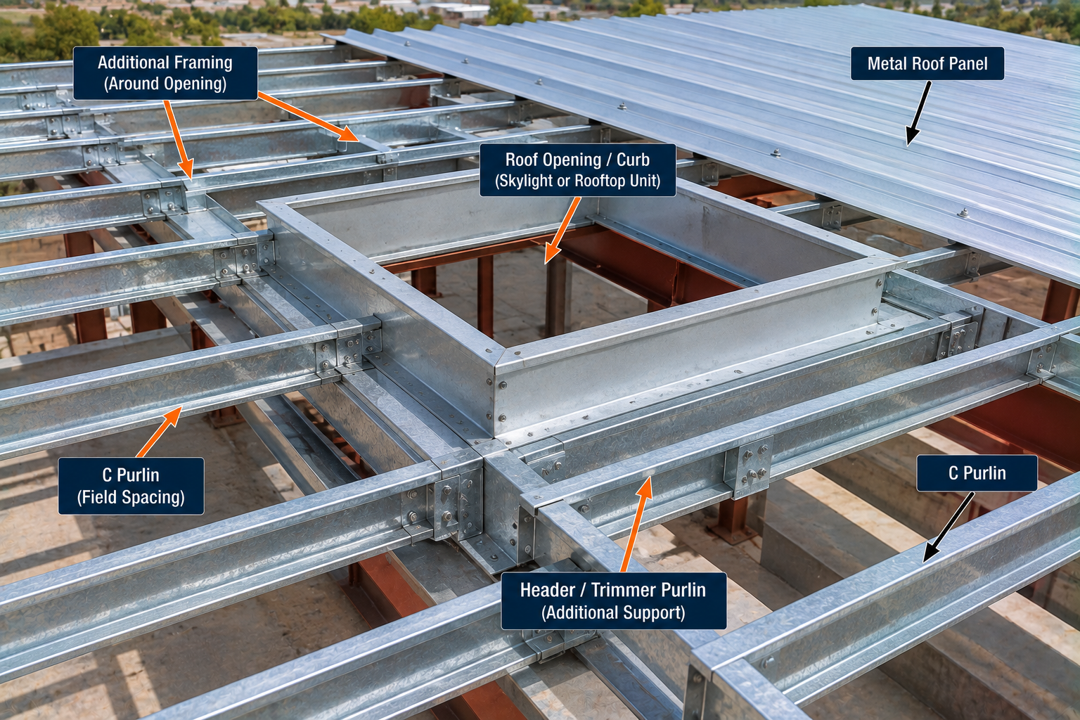C purlin roof framing around a roof opening or curb, showing header and trimmer purlins, additional framing, field-spaced C purlins, and metal roof panels.