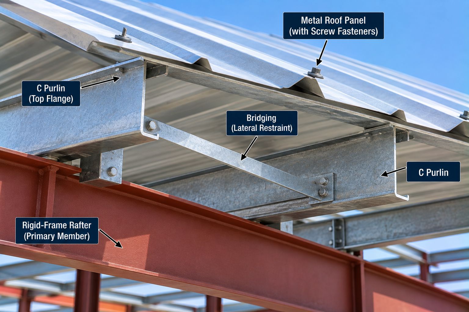 C purlin roof framing showing top flange, lateral bridging, rigid-frame rafter, and metal roof panels attached to galvanized steel purlins with screw fasteners.