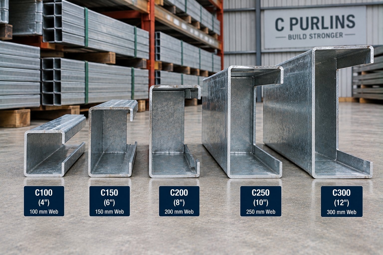 Galvanized steel C purlins in C100, C150, C200, C250, and C300 sizes with web depths from 100 to 300 mm, approximately 4 to 12 inches.