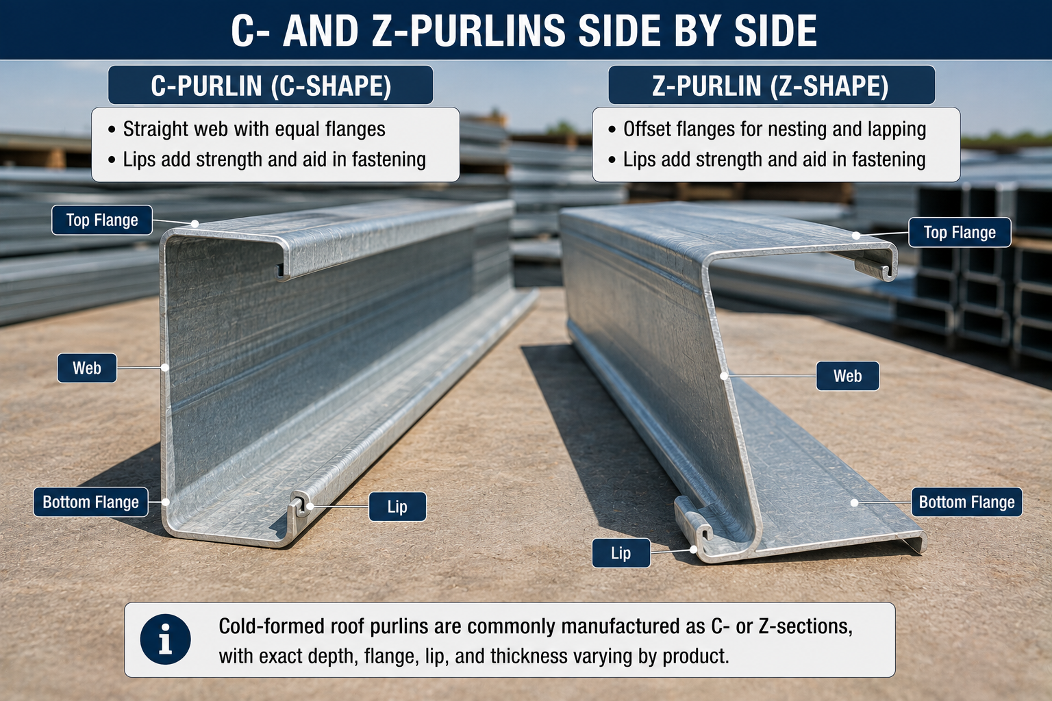 Side-by-side comparison of C-purlin and Z-purlin steel sections showing the web, top flange, bottom flange, and lips