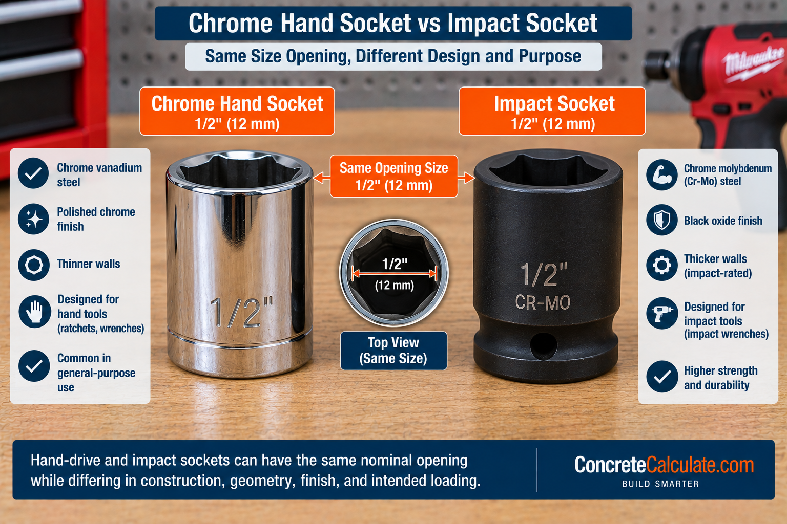 Chrome hand socket vs impact socket comparison showing the same socket opening size with differences in material, wall thickness, finish, and intended tool use.