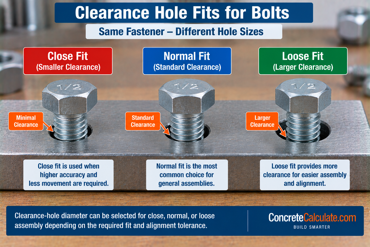 Comparison of close, normal, and loose clearance hole fits for the same 1/2-inch bolt, showing increasing clearance between the bolt and hole.