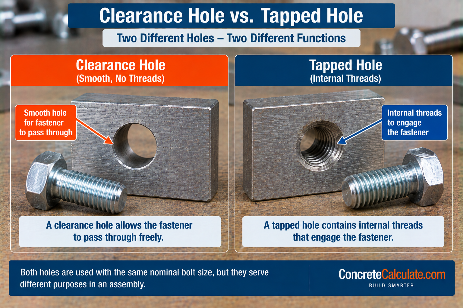 Side-by-side comparison of a smooth clearance hole and an internally threaded tapped hole, showing how the same nominal bolt passes freely through one and engages threads in the other.