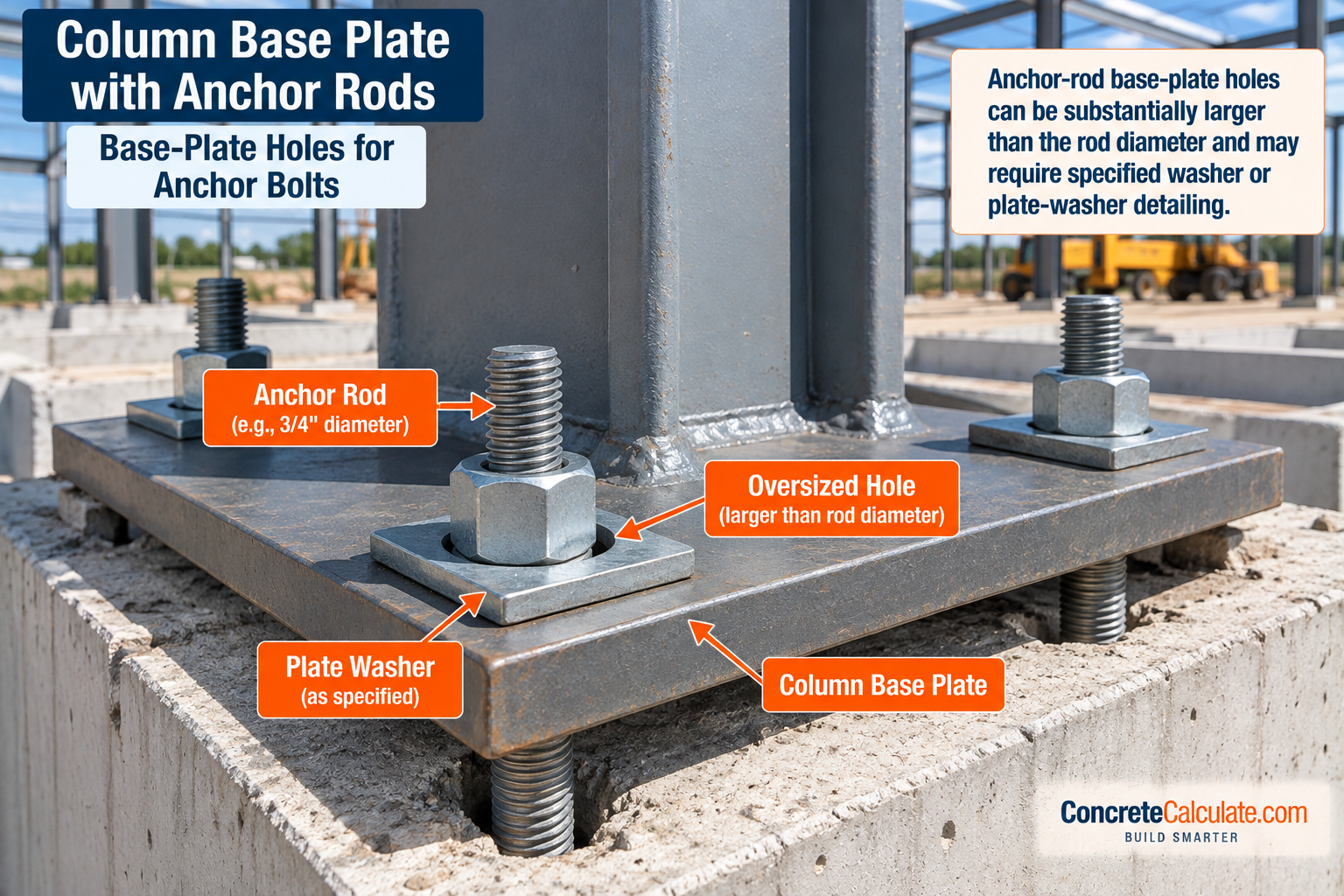 Steel column base plate with anchor rods showing an oversized base-plate hole, plate washer, anchor rod, and column base plate connection to a concrete foundation.