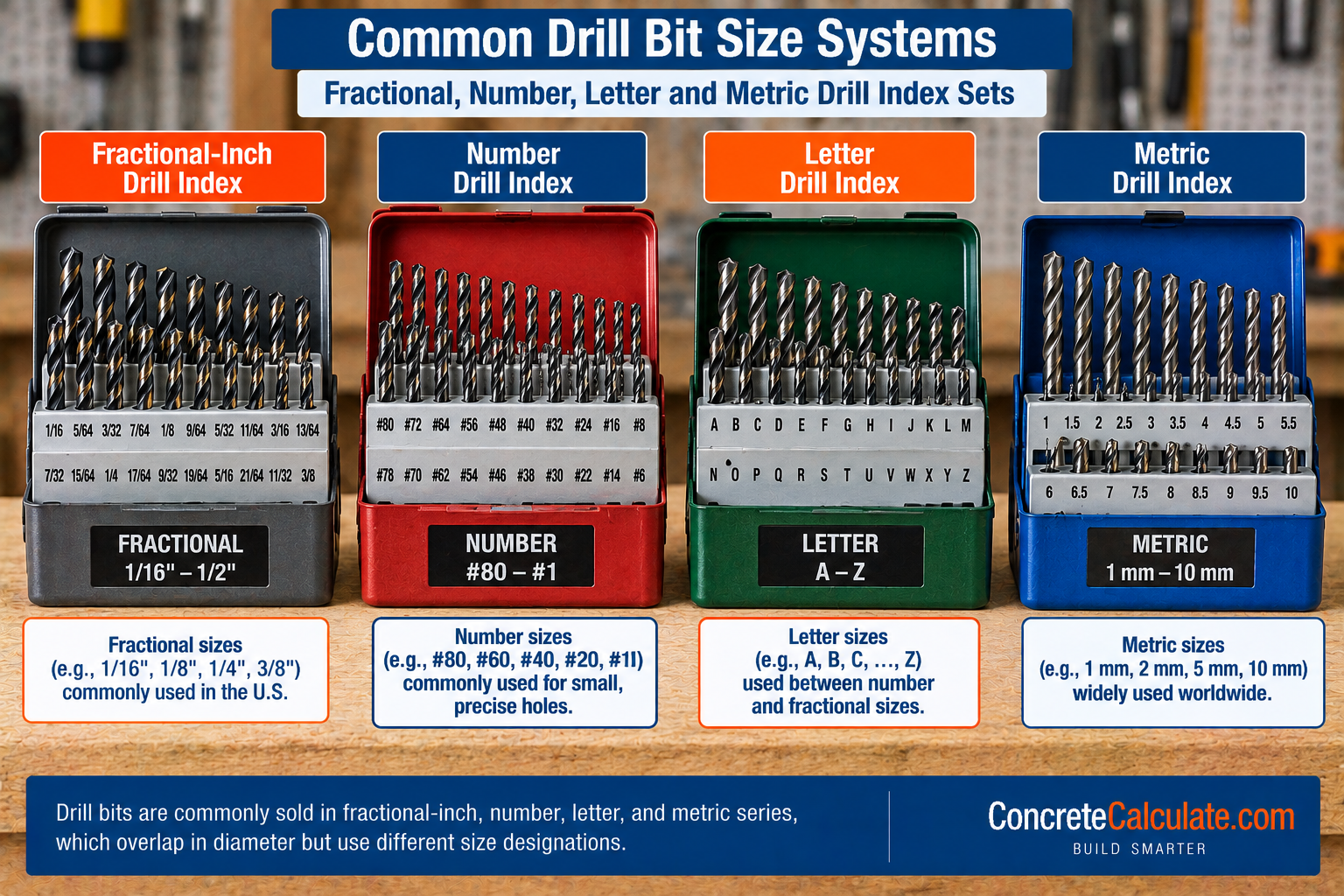 Comparison of fractional-inch, number, letter, and metric drill bit size systems shown in four labeled drill index sets.