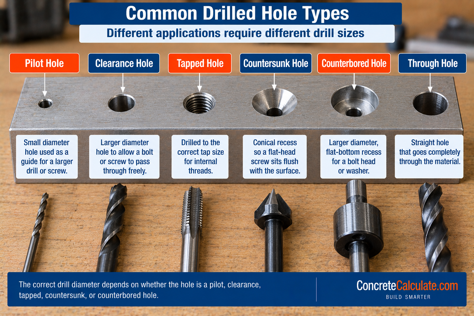 Comparison of pilot, clearance, tapped, countersunk, counterbored, and through holes with examples of the corresponding drilling and cutting tools.