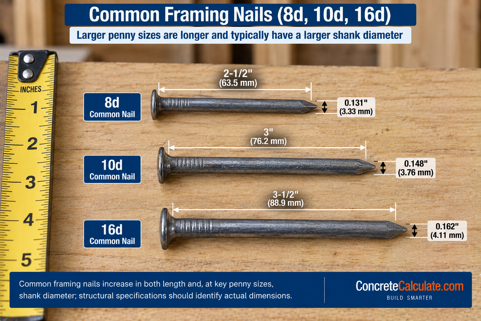 Comparison of 8d, 10d, and 16d common framing nails showing lengths of 2-1/2, 3, and 3-1/2 inches with their corresponding shank diameters.