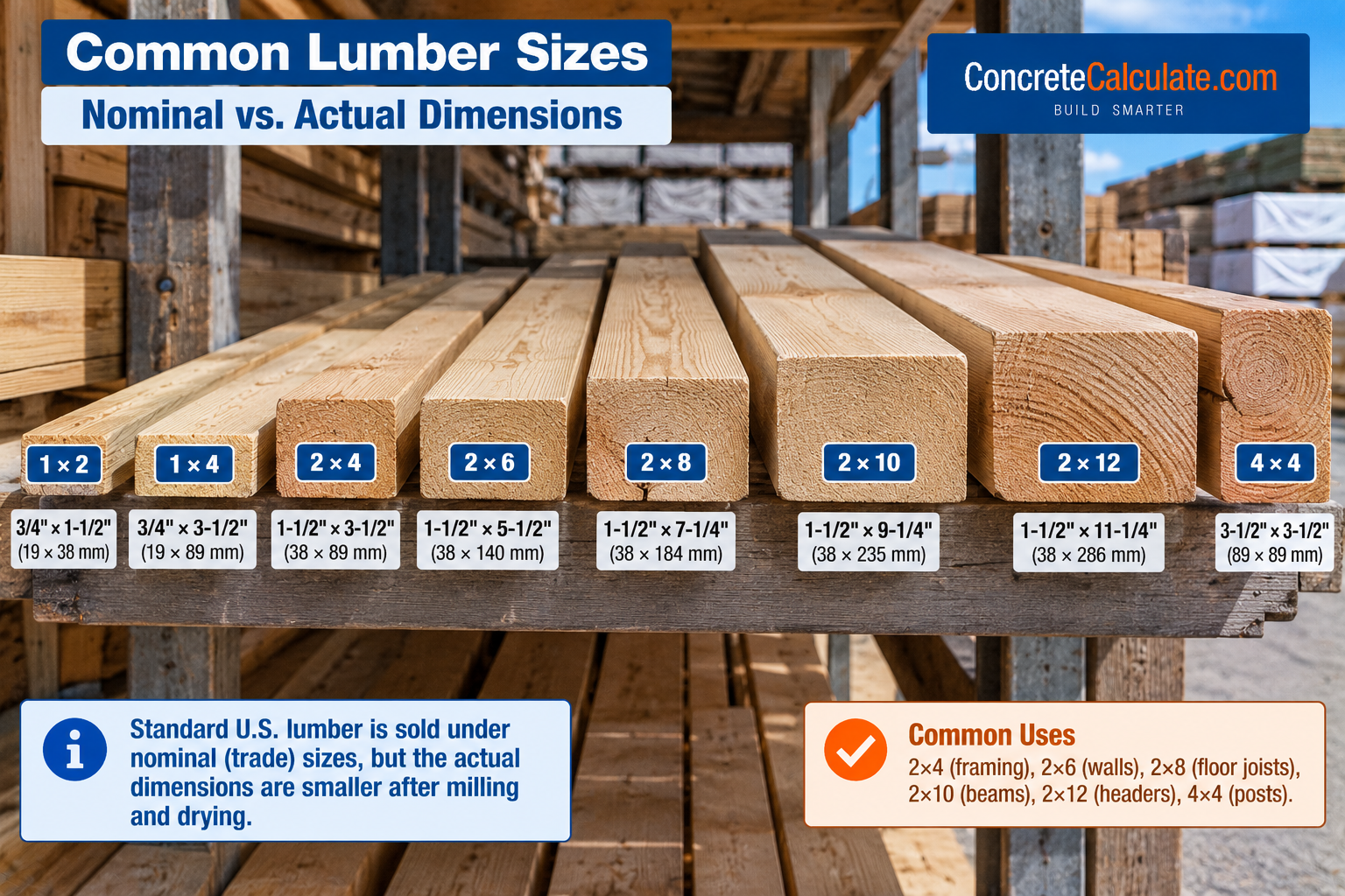 Common U.S. lumber sizes showing nominal and actual dimensions of 1×2, 1×4, 2×4, 2×6, 2×8, 2×10, 2×12, and 4×4 boards in inches and millimeters.