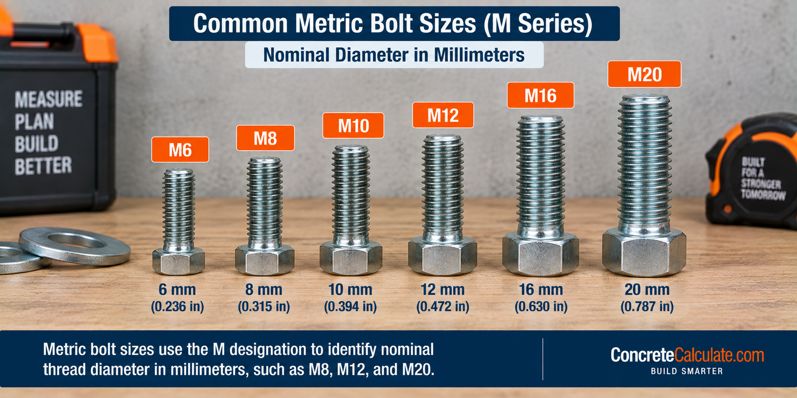 Common metric bolt sizes showing M6, M8, M10, M12, M16, and M20 bolts with nominal diameters in millimeters and inch equivalents.
