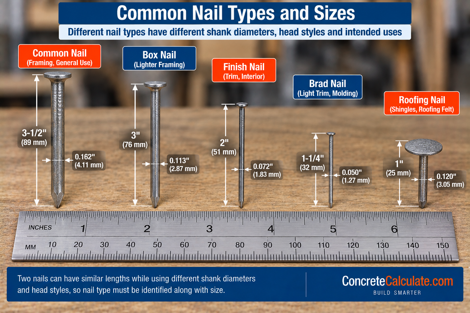 Comparison of common, box, finish, brad, and roofing nails showing different lengths, shank diameters, head styles, and typical construction uses.