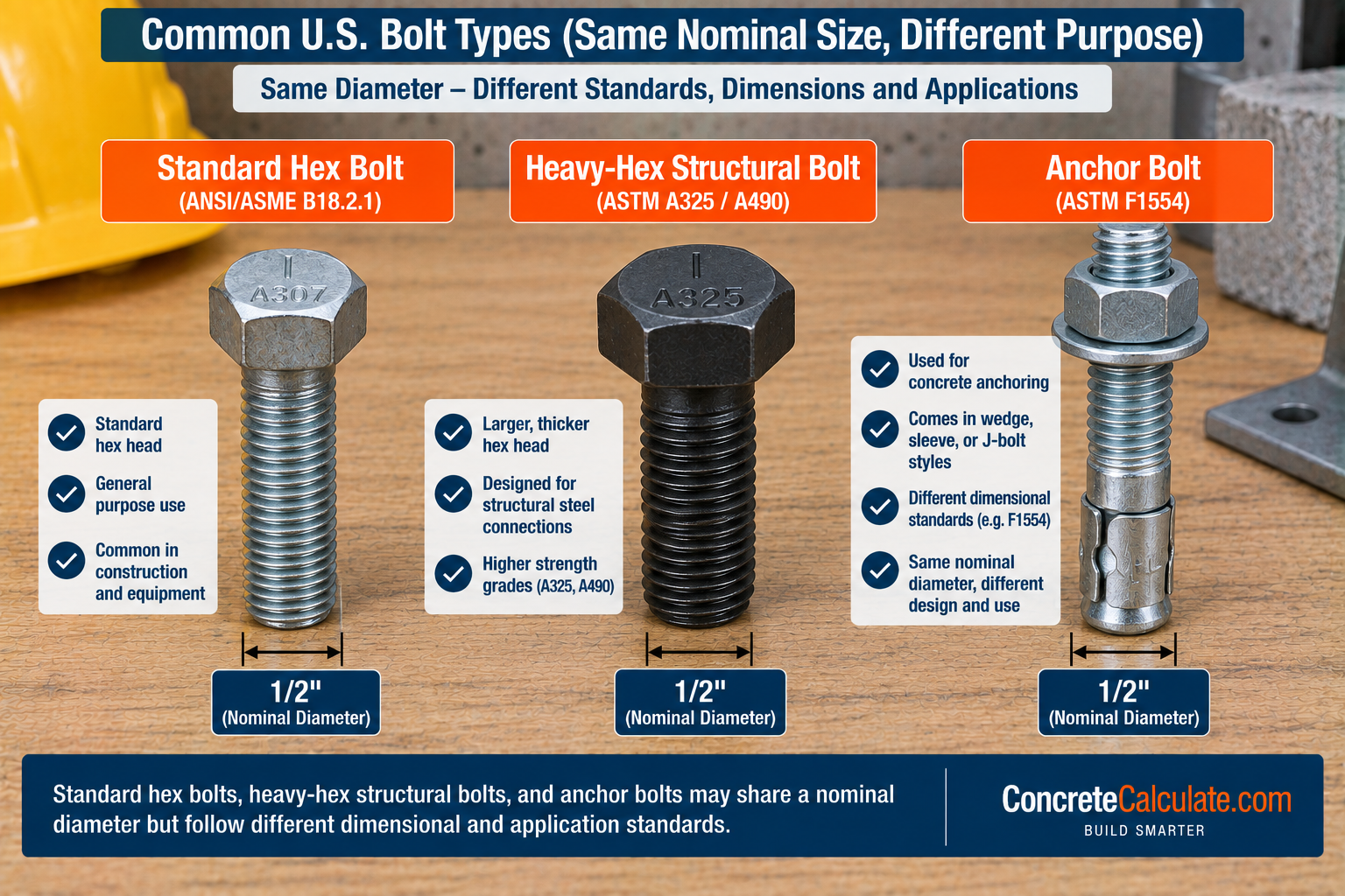 Common U.S. bolt types comparison showing standard hex bolt, heavy-hex structural bolt, and anchor bolt with the same nominal 1/2-inch diameter.