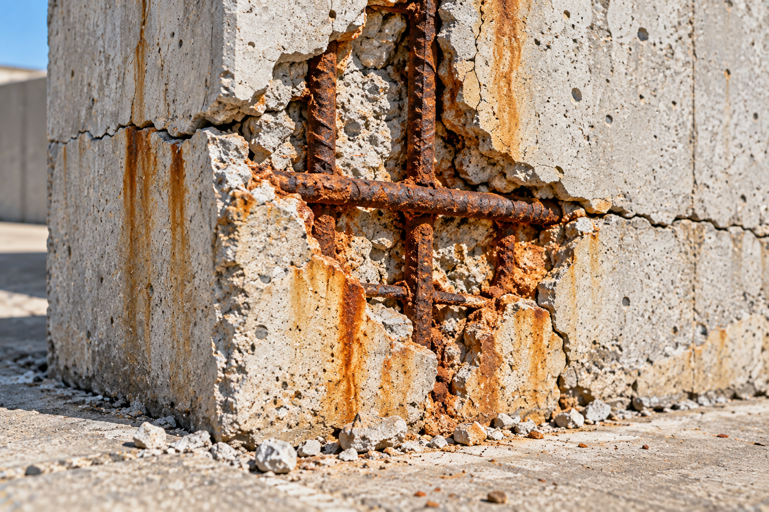 Close-up of severe concrete spalling on a reinforced concrete column, showing exposed rusted rebar, cracked concrete, rust stains, and broken concrete fragments.