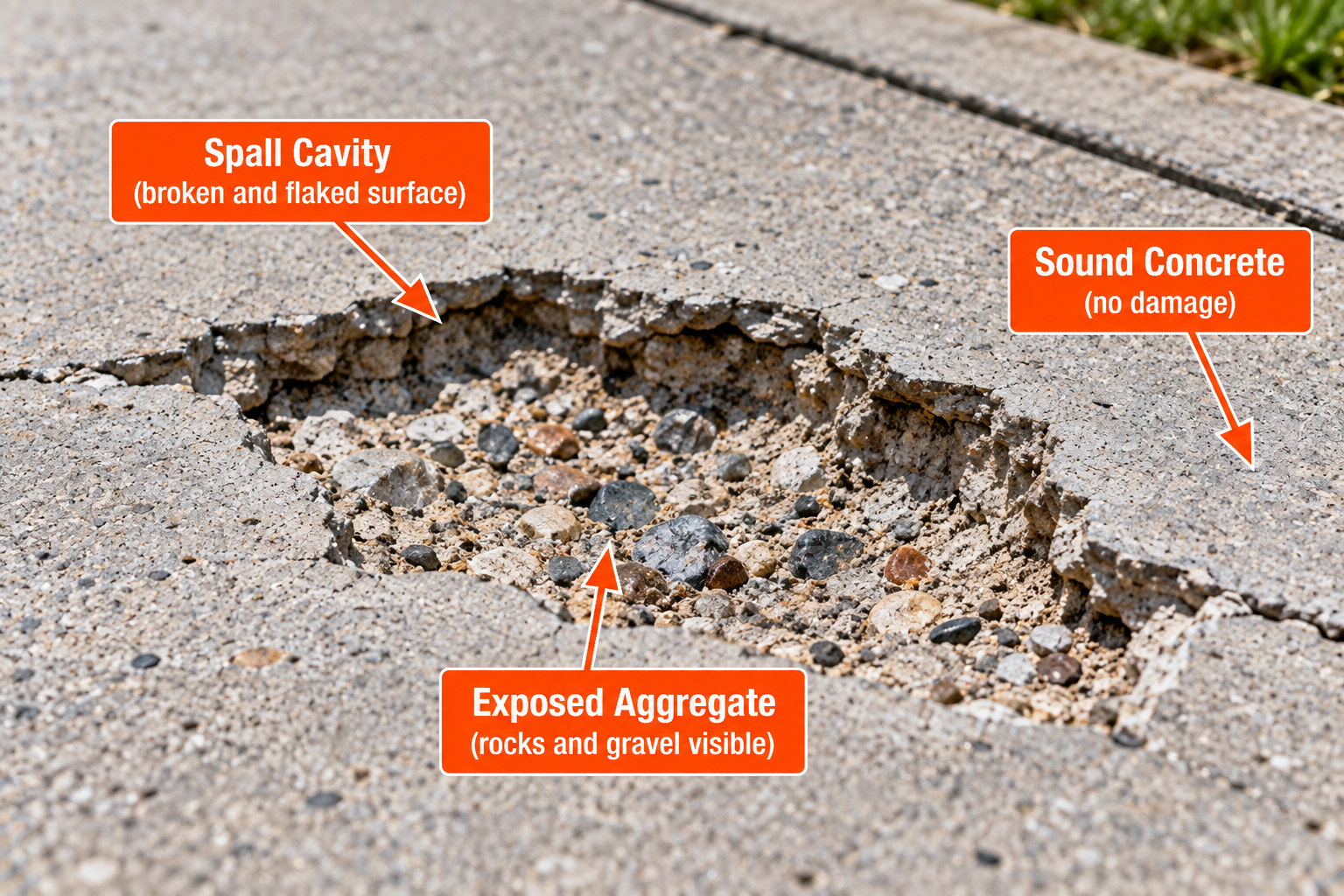 Close-up of concrete spalling showing a broken surface, a deep spall cavity with exposed gravel and aggregate, and surrounding undamaged concrete.